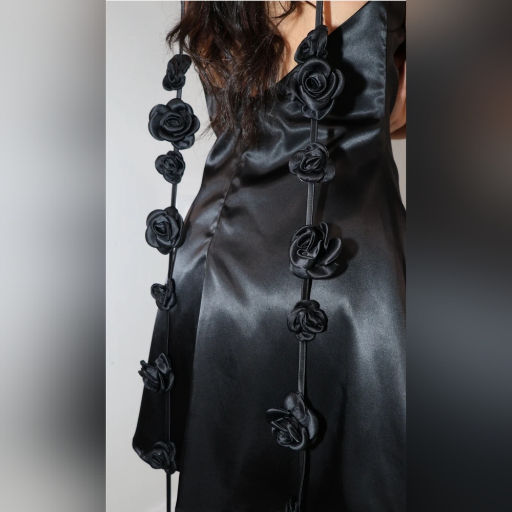  Cascading Floral Applique Satin Dress: Black Midi Size Small